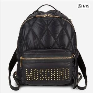 Moschino Black Quilted Backpack with Gold Accents